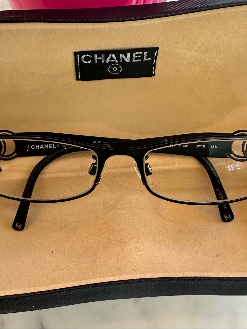 Vintage CHANEL Black Rectangular Metal Eyeglasses w/case